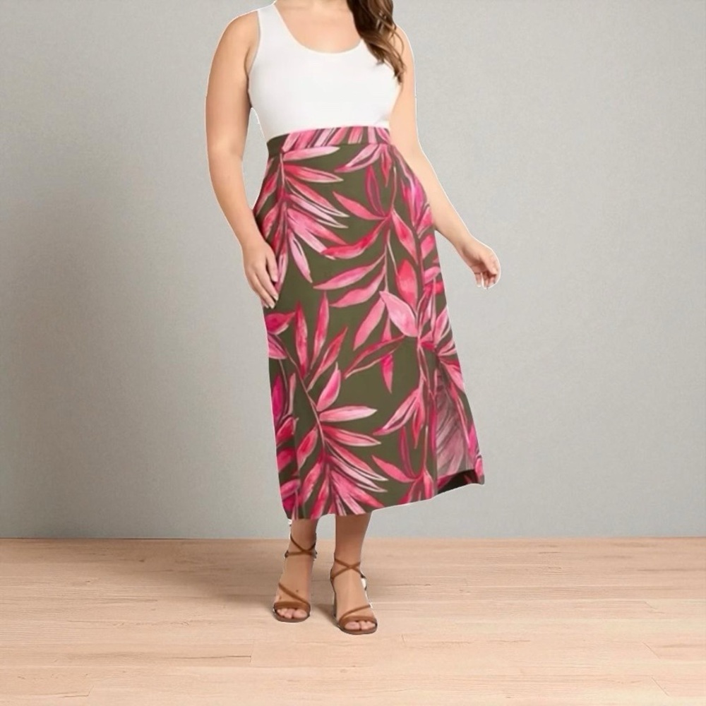 Time & Tru Linen A-Line Botanical‎ Print Skirt, Size XL (16-18) Tropical